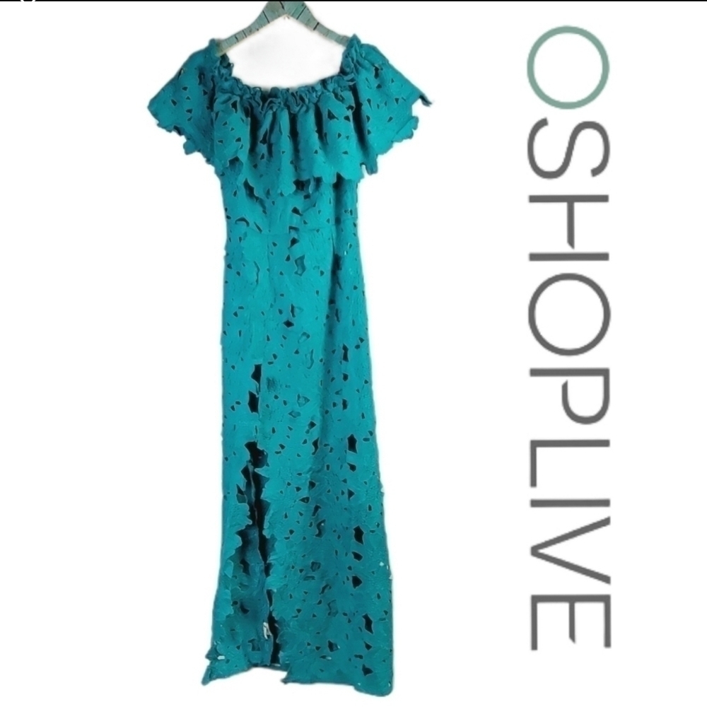 OSHOPLIVE Teal Floral Cut-out Off the Shoulders Bodycon Maxi Dress Size: M